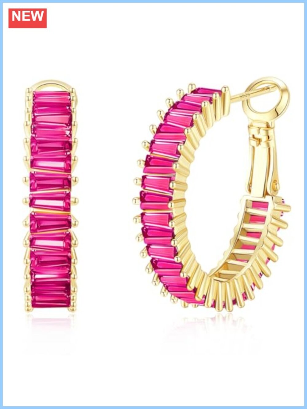 14K Gold Plated Cubic Zirconia Baguette Hoop Earrings Lightweight Hypoallergenic